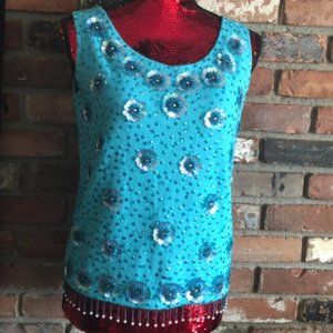 Vintage Wool Knit Sequin Scalloped Vest Beaded Tassels Sleeveless Sweater M